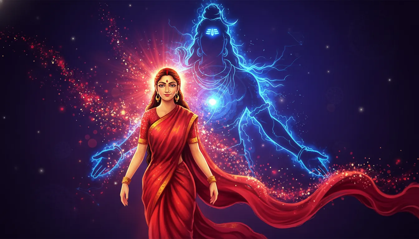 abstract art goddess parvati red saree glowing blue shiva shadow neon lights