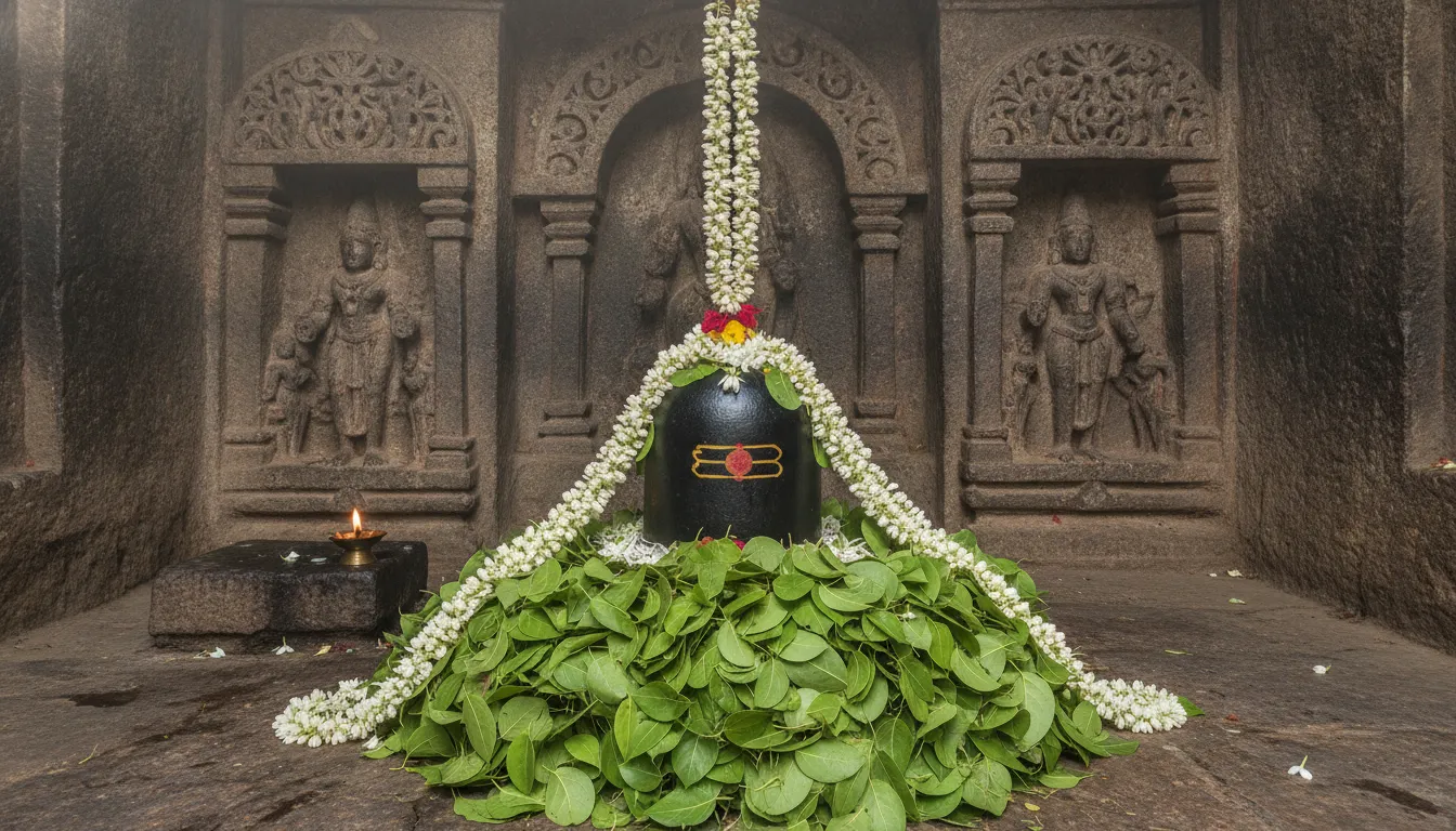 A modern spiritual digital art illustration of a Shivling surrounded by glowing, luminous cosmic flowers.
