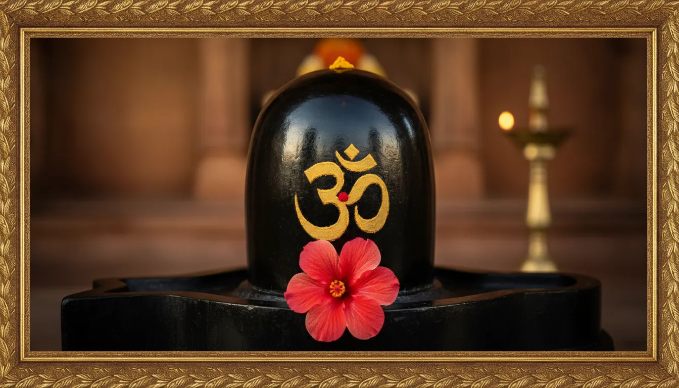 Close-up shot of a black stone Shivling decorated with a bright red hibiscus flower and chandan tilak.