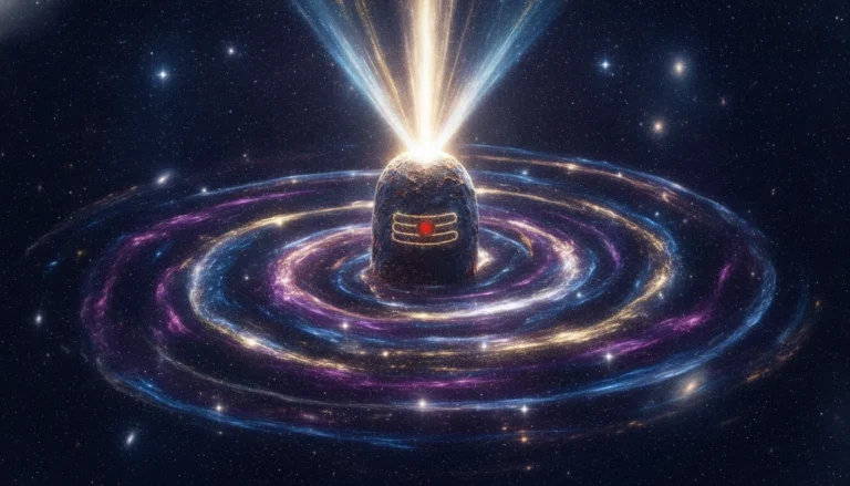 An abstract spiritual depiction of a dark stone Shivling surrounded by cosmic blue and gold energy swirls.