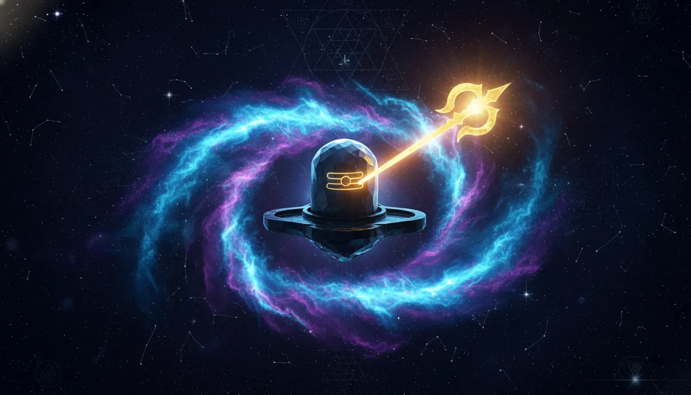 Full HD abstract spiritual artwork showing the energy fusion of Lord Murugan's Vel and the sacred Shivling.