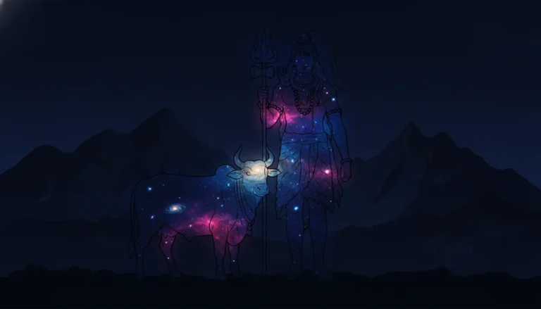 A colorful abstract art piece showing the silhouette of Lord Shiva and Nandi filled with stars and galaxies against dark mountains.