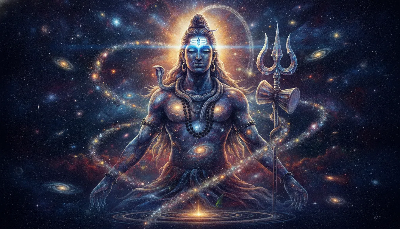 Abstract cosmic space background with Lord Shiva third eye glowing