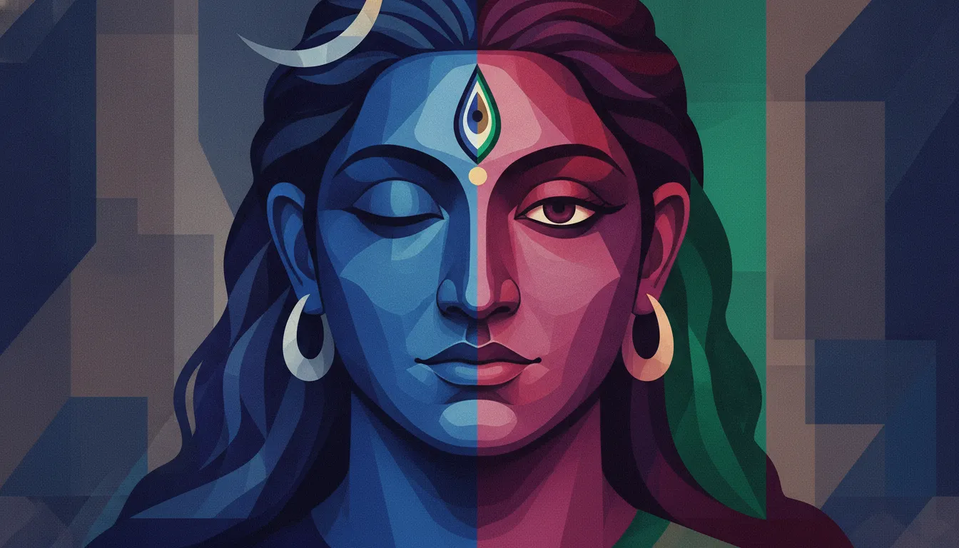 Geometric cubism style digital illustration of Shiva and Parvati dual face