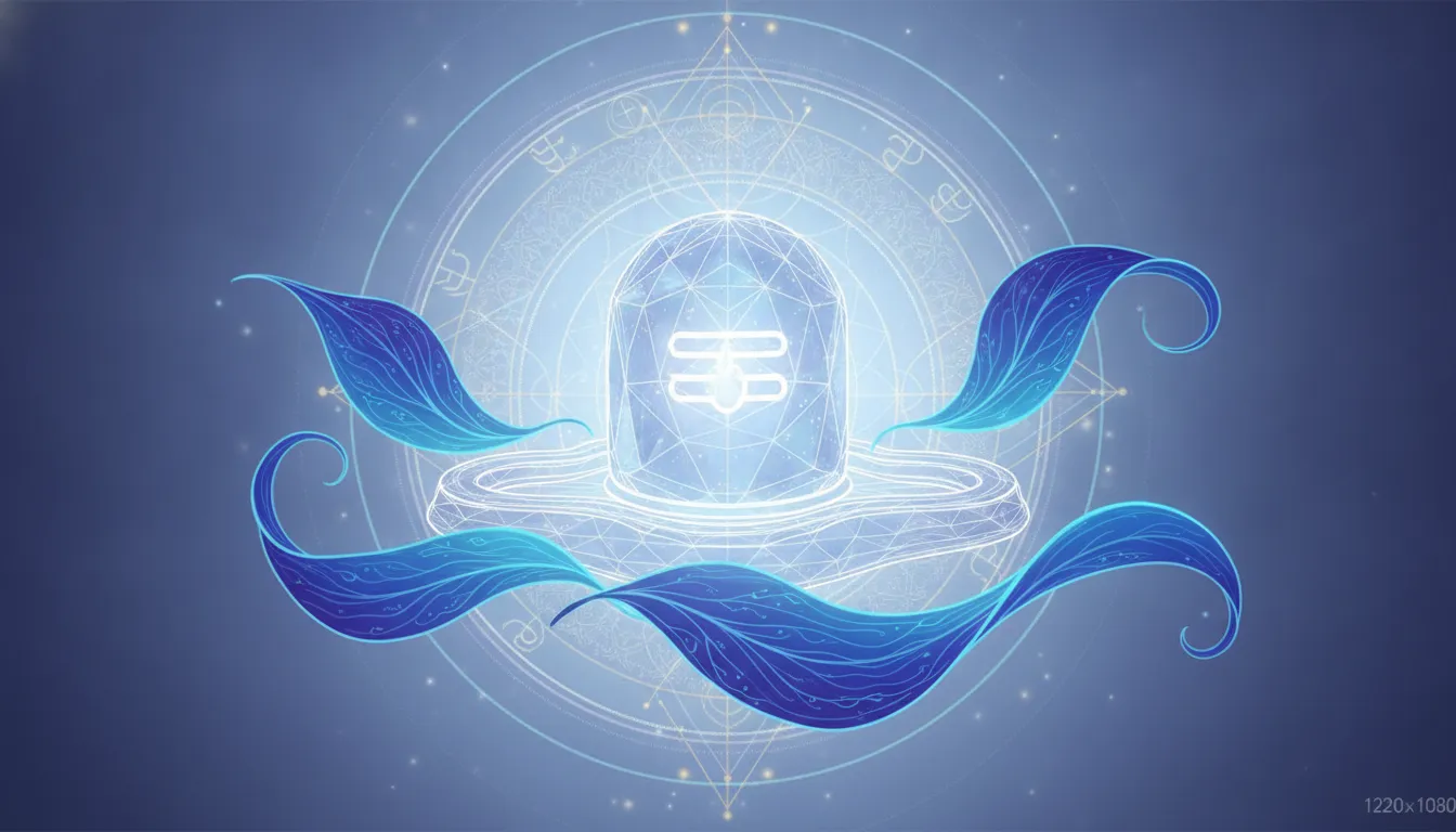 Sphatik shivling images with bili patra in blue colour rendered in an abstract spiritual digital art style.