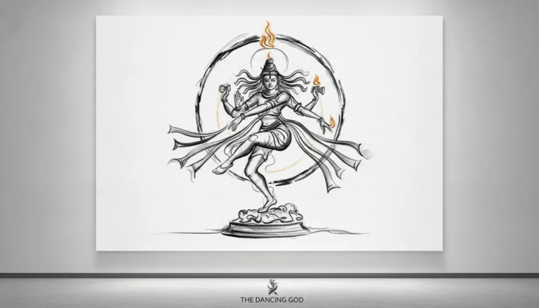 Abstract artistic line drawing of dancing Nataraja with fluid strokes and artistic continuous lines.