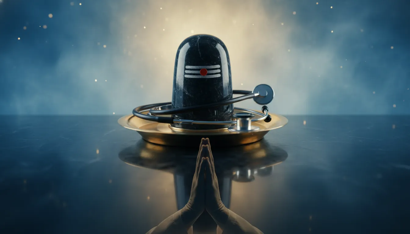 A creative conceptual image representing a doctor joining hands in front of a Shivling with a modern stethoscope wrapped gently around the base.