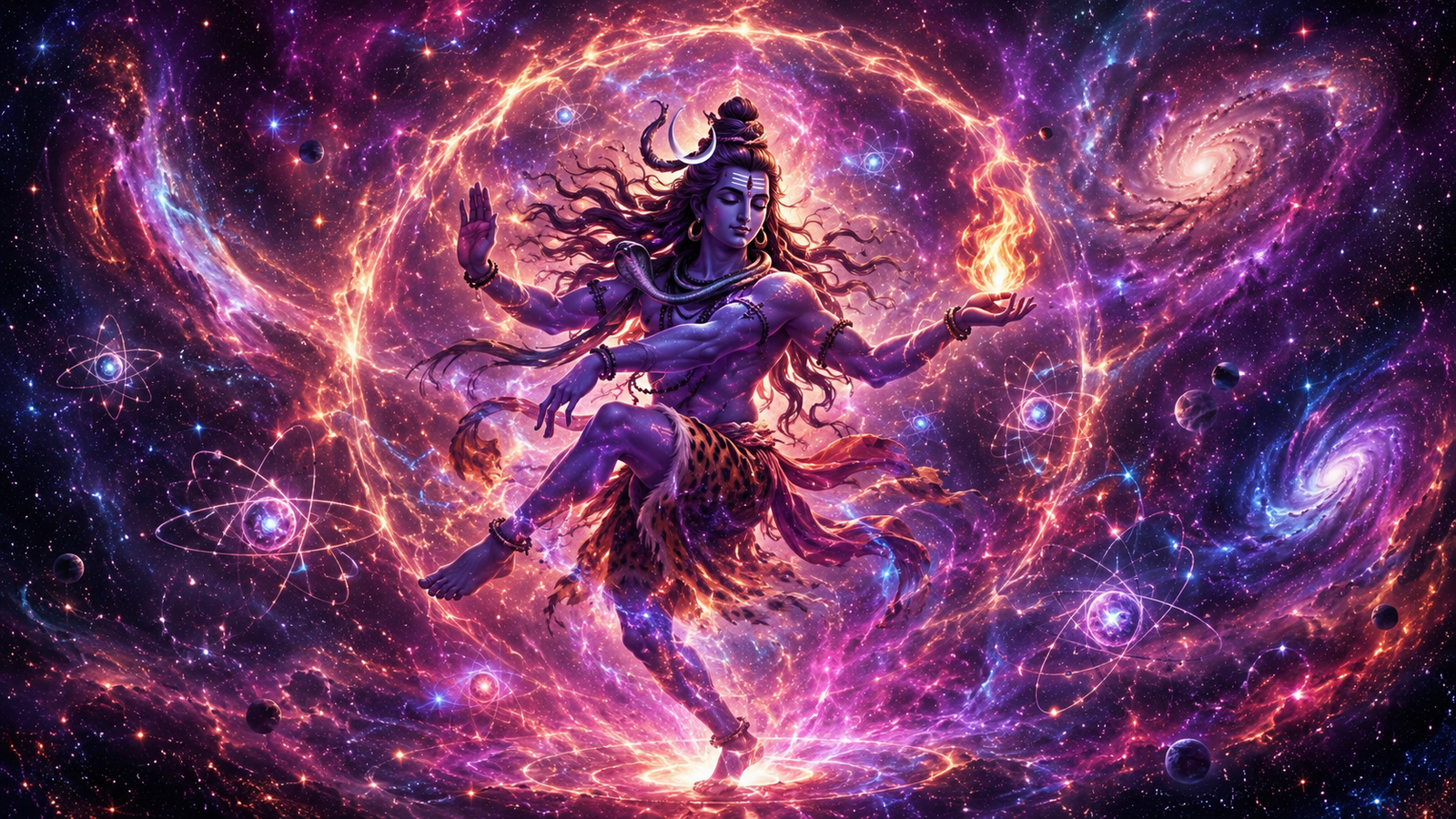 Modern abstract art of Lord Shiva Nataraja merging with a colorful space nebula and galaxies.