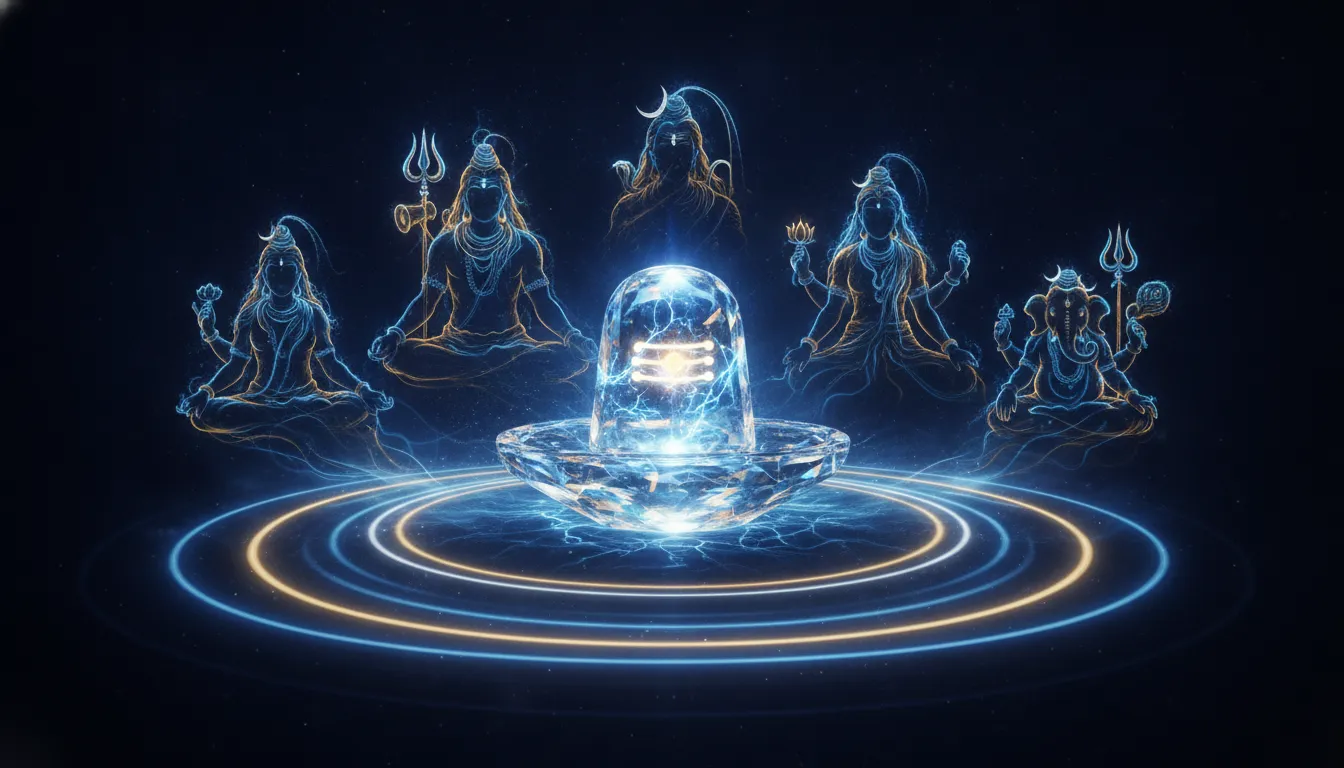 Futuristic neon spiritual artwork of Shiv Parivar images with shivling using glowing blue and gold lines