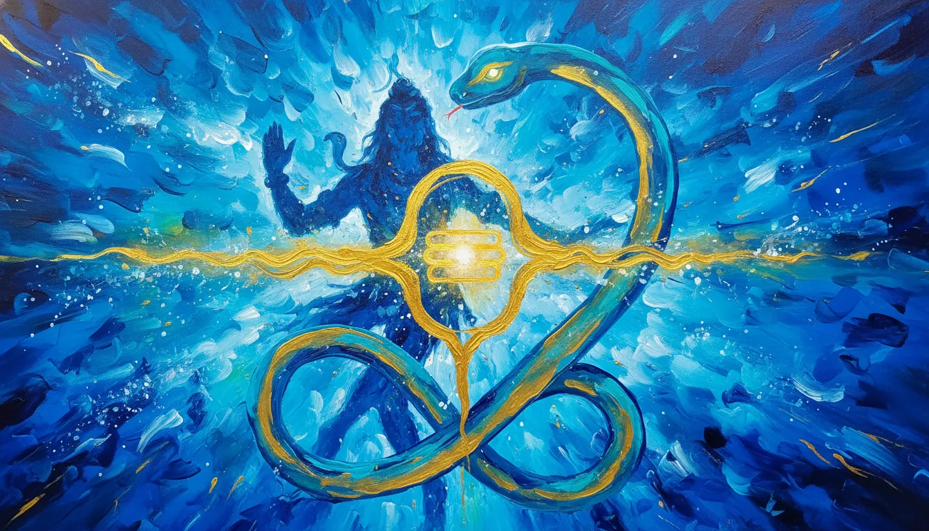 An elegant abstract painting using golden and blue tones to represent Lord Shiva, a snake, and a Shiva Lingam