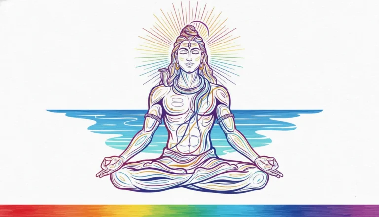 Abstract line art of Lord Shiva sitting in meditation near a simple blue water body.