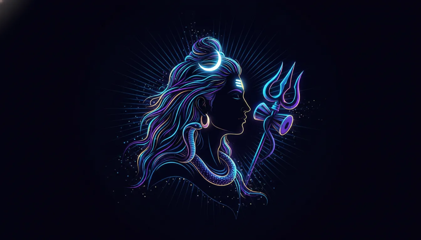 Mahadev hd wallpaper 3d combining modern abstract art with neon glowing lines forming the silhouette of Lord Shiva.