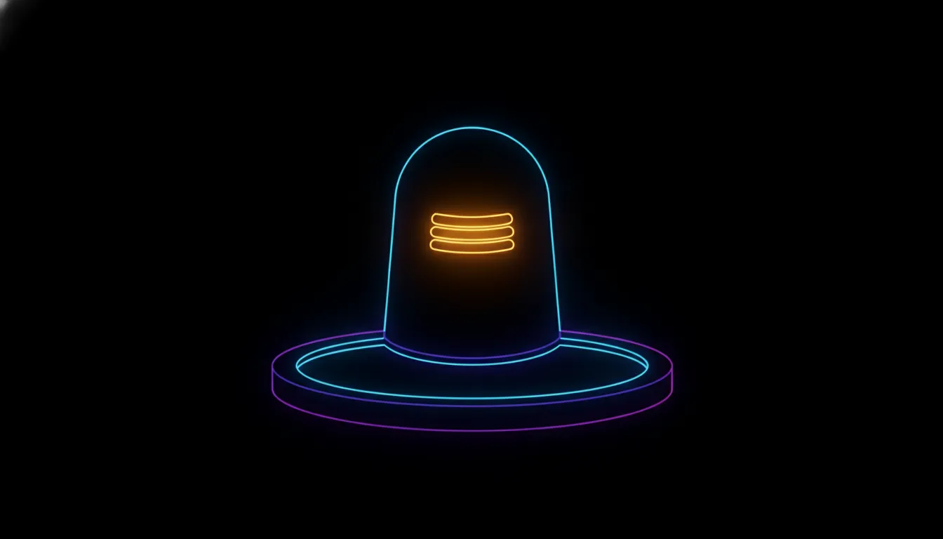 Modern artistic images of shivling in hd featuring sharp neon outlines of electric blue and glowing magenta on a dark minimalist background.
