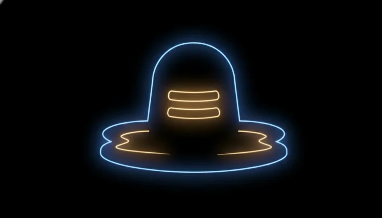 A modern minimalist digital graphic of a Shivling silhouette created with glowing neon lines on a black background.