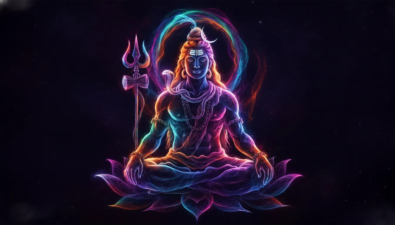 Neon smoke art forming the shape of Lord Shiva Trishul and face
