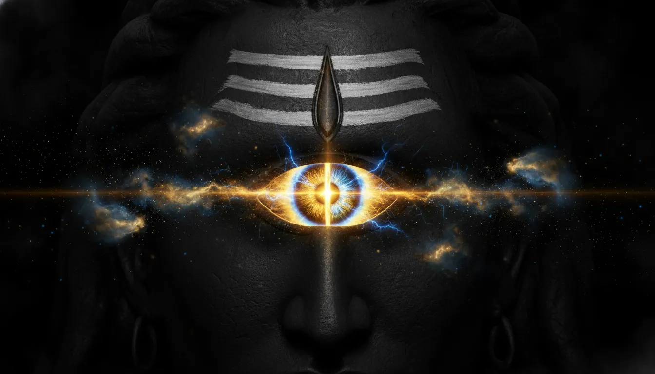 Abstract digital art of the third eye of Lord Shiva opening with energy beams