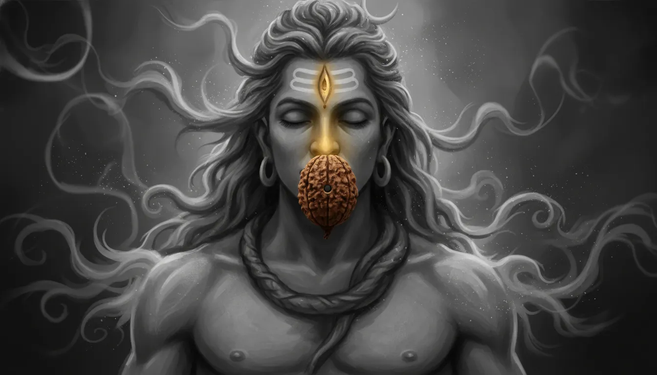 An abstract artistic representation of Lord Shiva using holy smoke, ash, and Rudraksha beads.