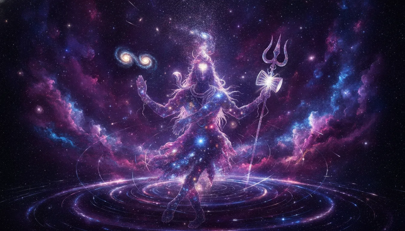 Silhouette of Lord Shiva dancing amidst glowing galaxies and nebulas.