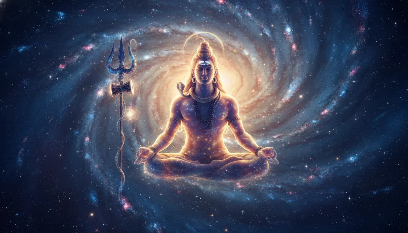 Artistic representation of Shiva meditating inside a glowing blue and gold galaxy.
