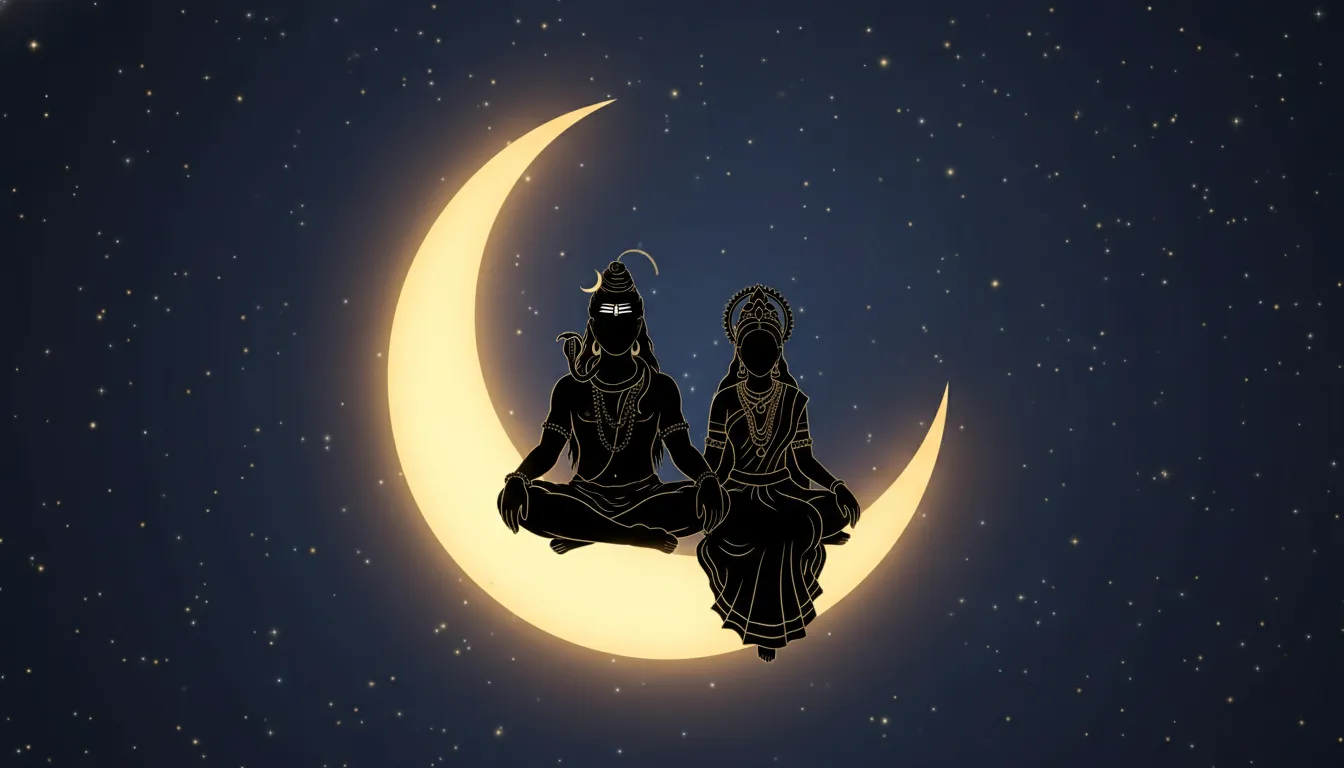 minimalist silhouette art shiva parvati sitting on big crescent moon