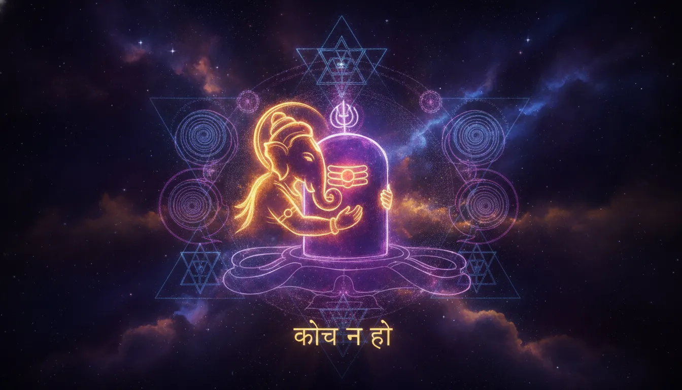 Neon abstract glowing silhouette of Ganesha hugging a Shivling. Neon abstract glowing silhouette of Ganesha hugging a Shivling.