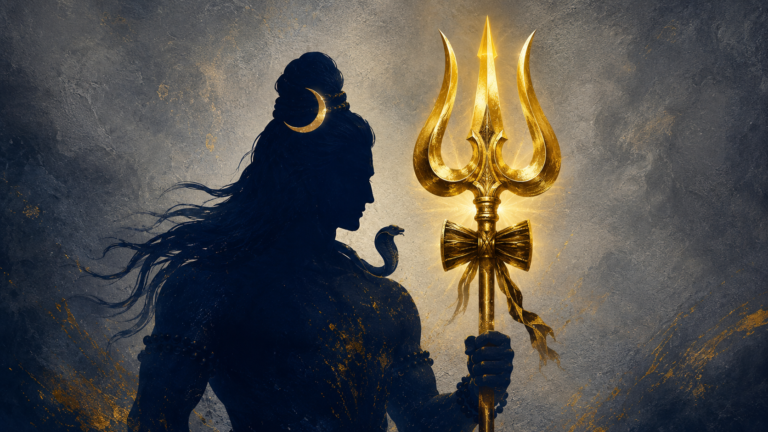 Modern abstract silhouette art of Lord Shiva featuring a highly detailed golden trishul.