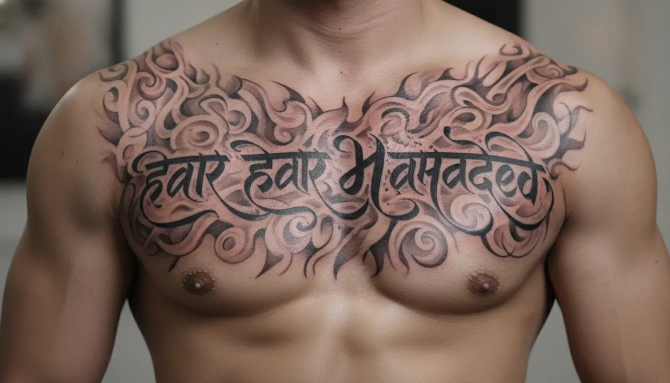 Abstract smoky background tattoo with Har Har Mahadev Sanskrit calligraphy on chest.