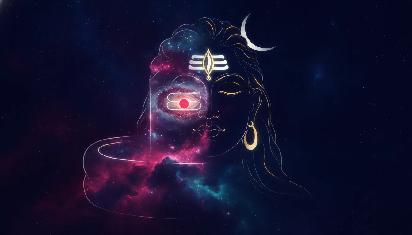 An abstract, modern spiritual artwork showing the serene profile of Lord Shiva's face seamlessly merging into a cosmic, star-filled Shivling.