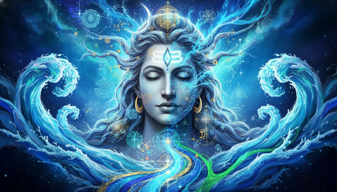 An abstract spiritual painting blending the facial features of Lord Shiva with swirling blue currents of the Ganges.