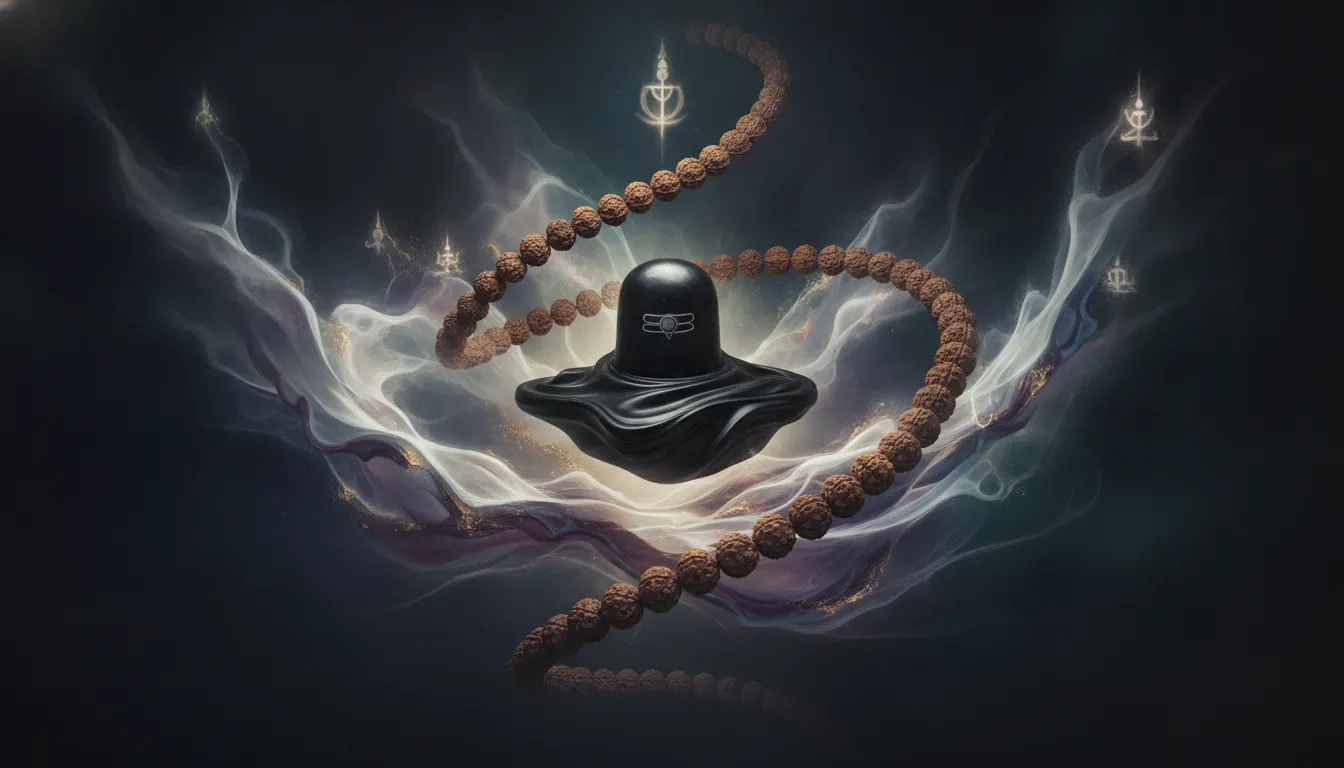 A divine Shivling surrounded by abstract smoke patterns and Rudraksha beads against an artistic dark background