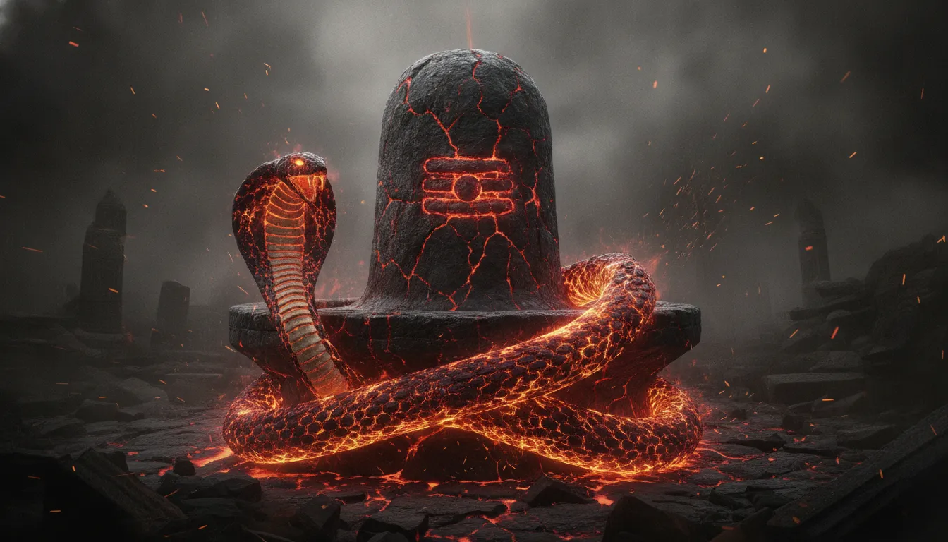 A powerful Shiva Lingam formed from hardened volcanic rock with glowing red lava veins and a fiery cobra.