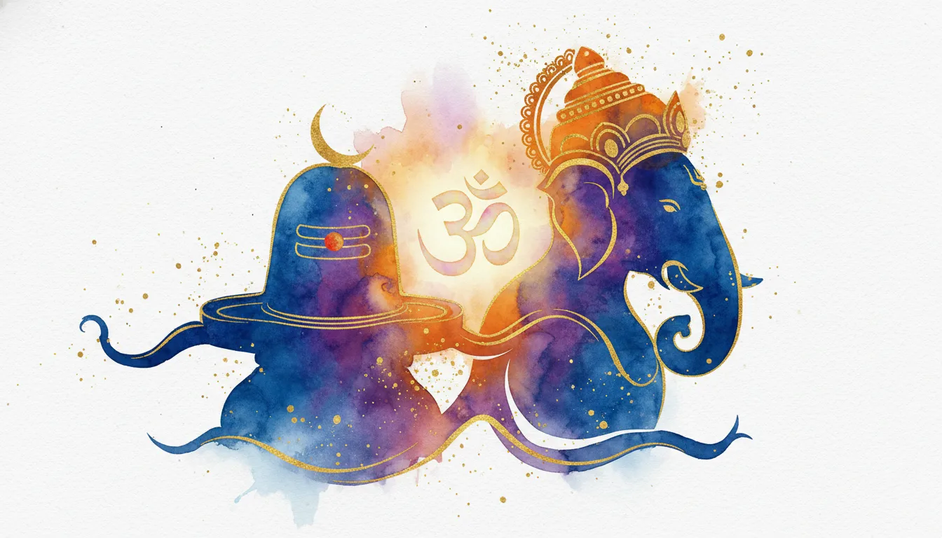 Modern abstract watercolor full hd images of shivling with ganesha with vibrant spiritual colors.
