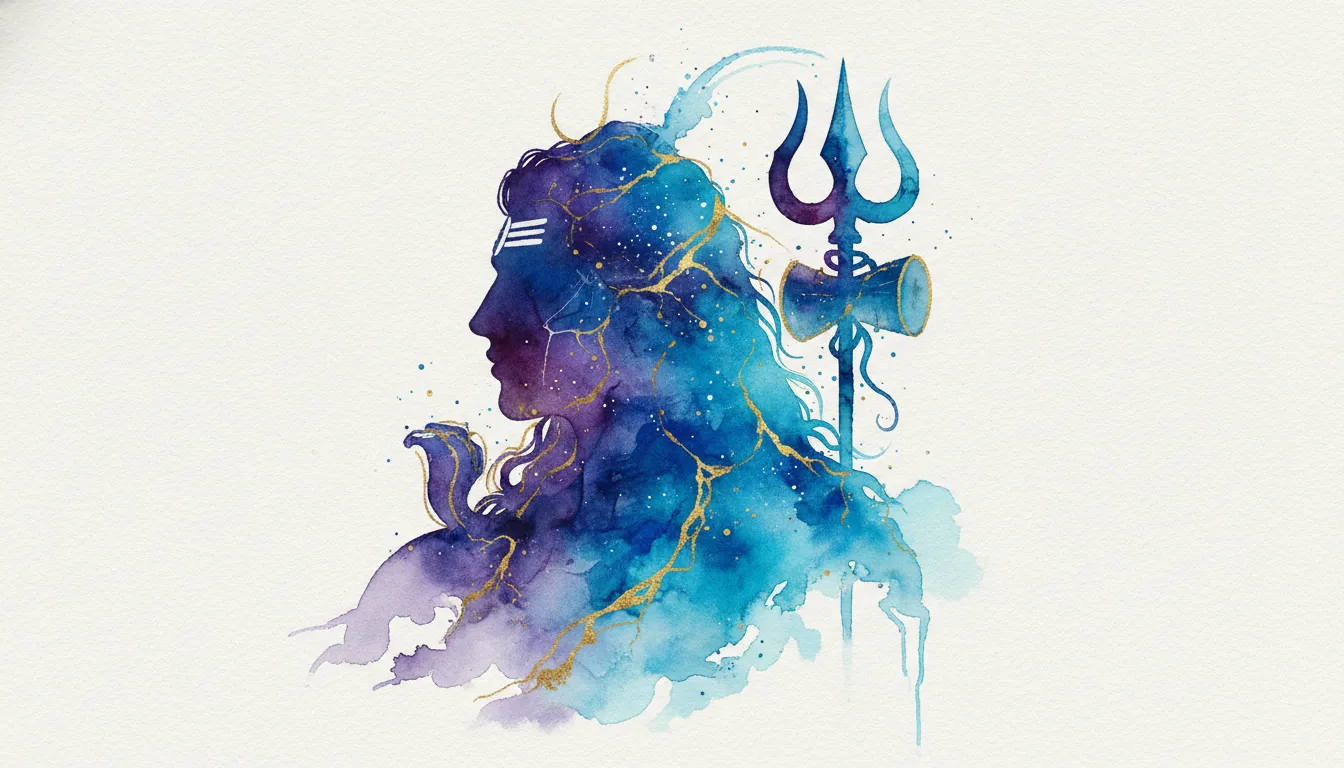 abstract watercolor painting showing the silhouette of Lord Shiva amidst vibrant splashes of color.