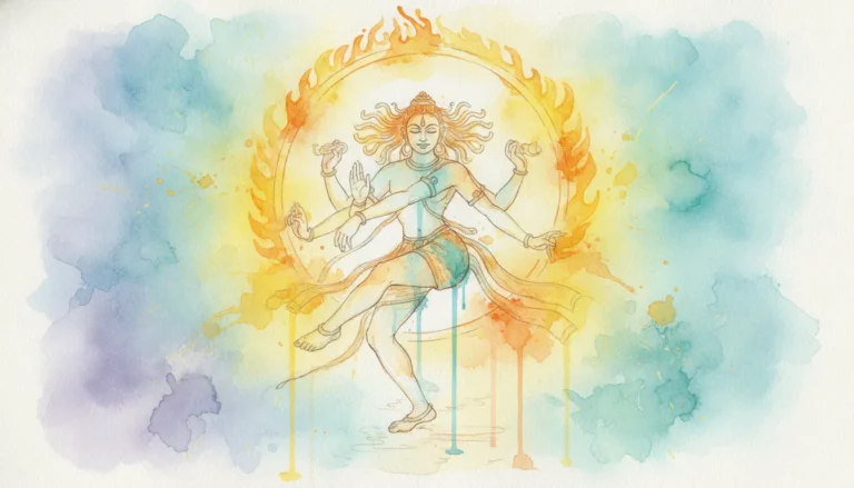 An abstract watercolor painting of Nataraja with beautiful splashes of orange, yellow, and teal colors blending together.