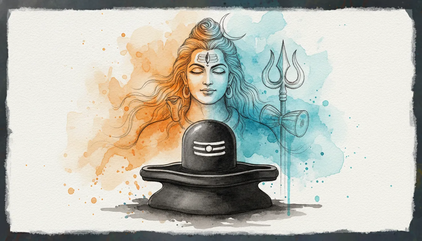 Artistic abstract watercolor painting of Lord Shiva behind a beautifully detailed sacred Shivling.