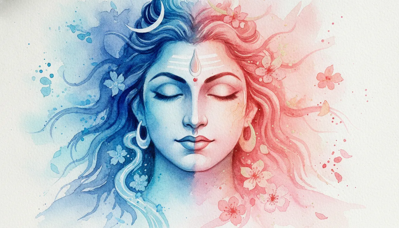 Soft watercolor portrait of Shiva and Parvati faces with vibrant paint splatters