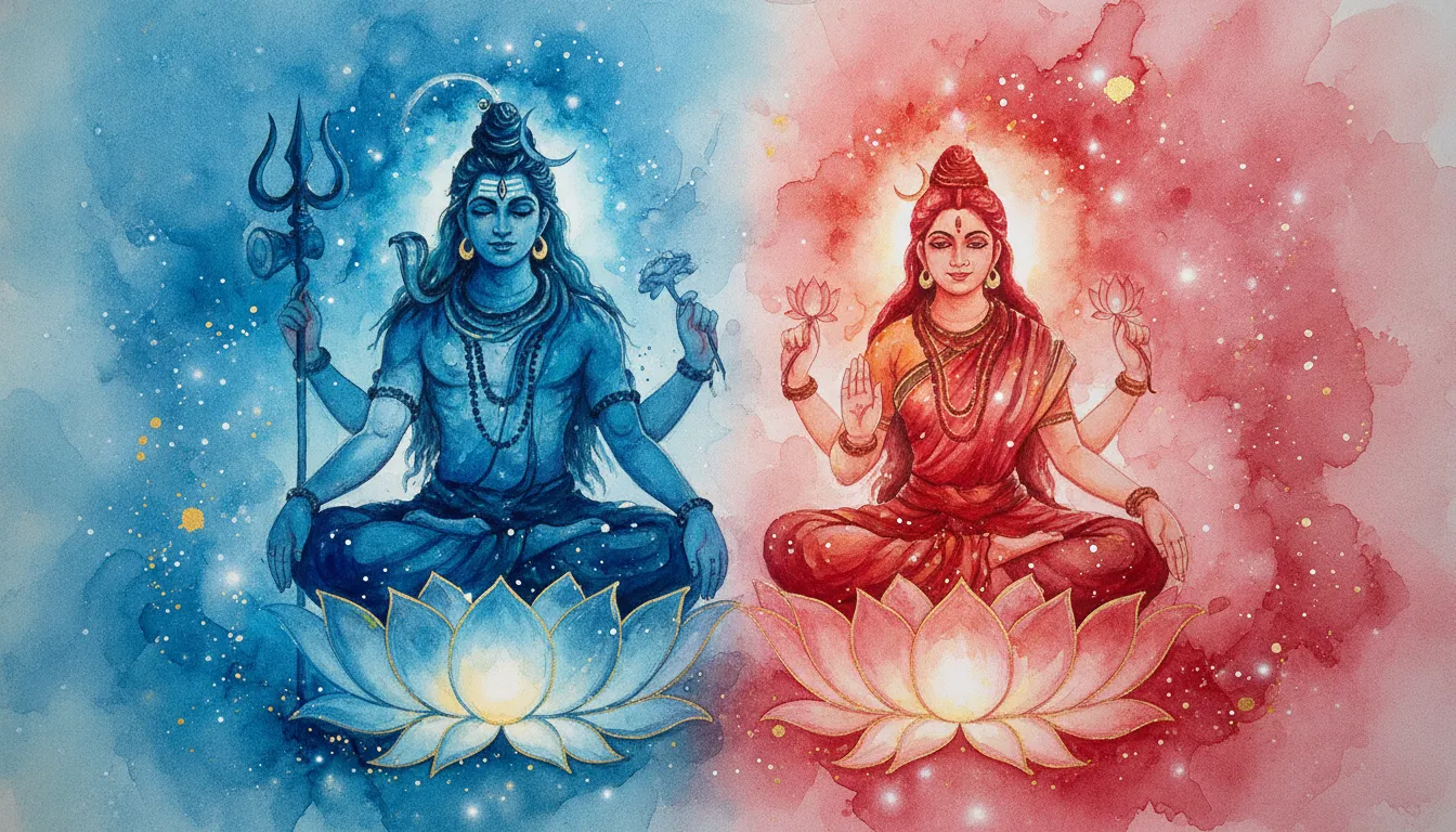 Abstract watercolor painting of Lord Shiva and Parvati seated on glowing lotus thrones