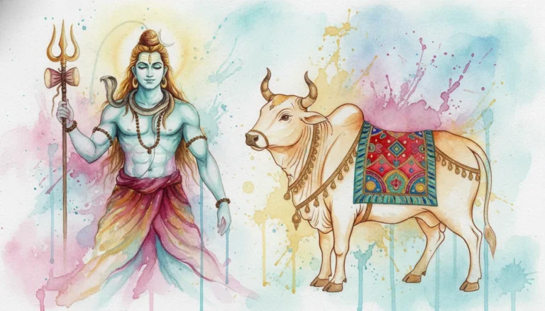 An abstract watercolor painting of Lord Shiva holding his Trishul next to Nandi with colorful splashes