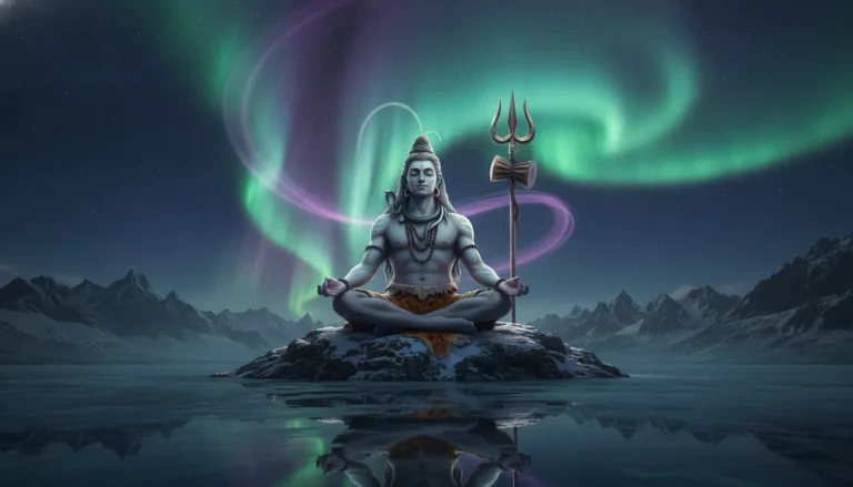 Adi Yogi Lord Shiva meditating under a spectacular display of green and purple cosmic aurora.