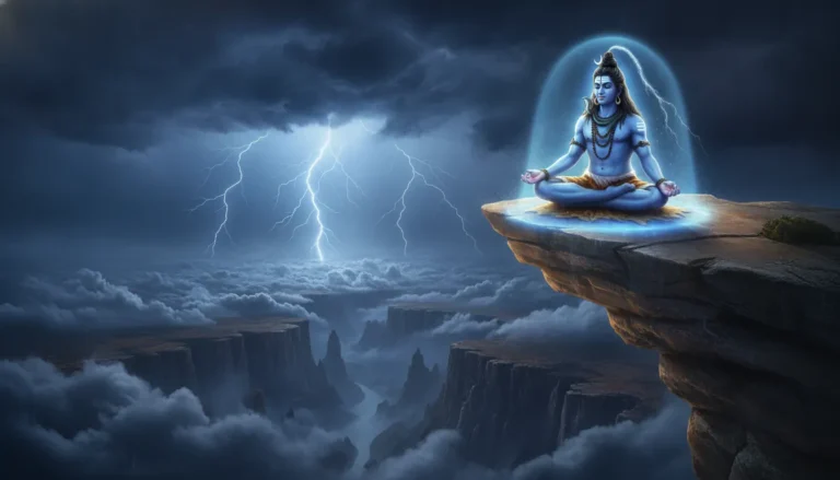 Lord Shiva sitting completely still on a high cliff while dark storm clouds gather far below.