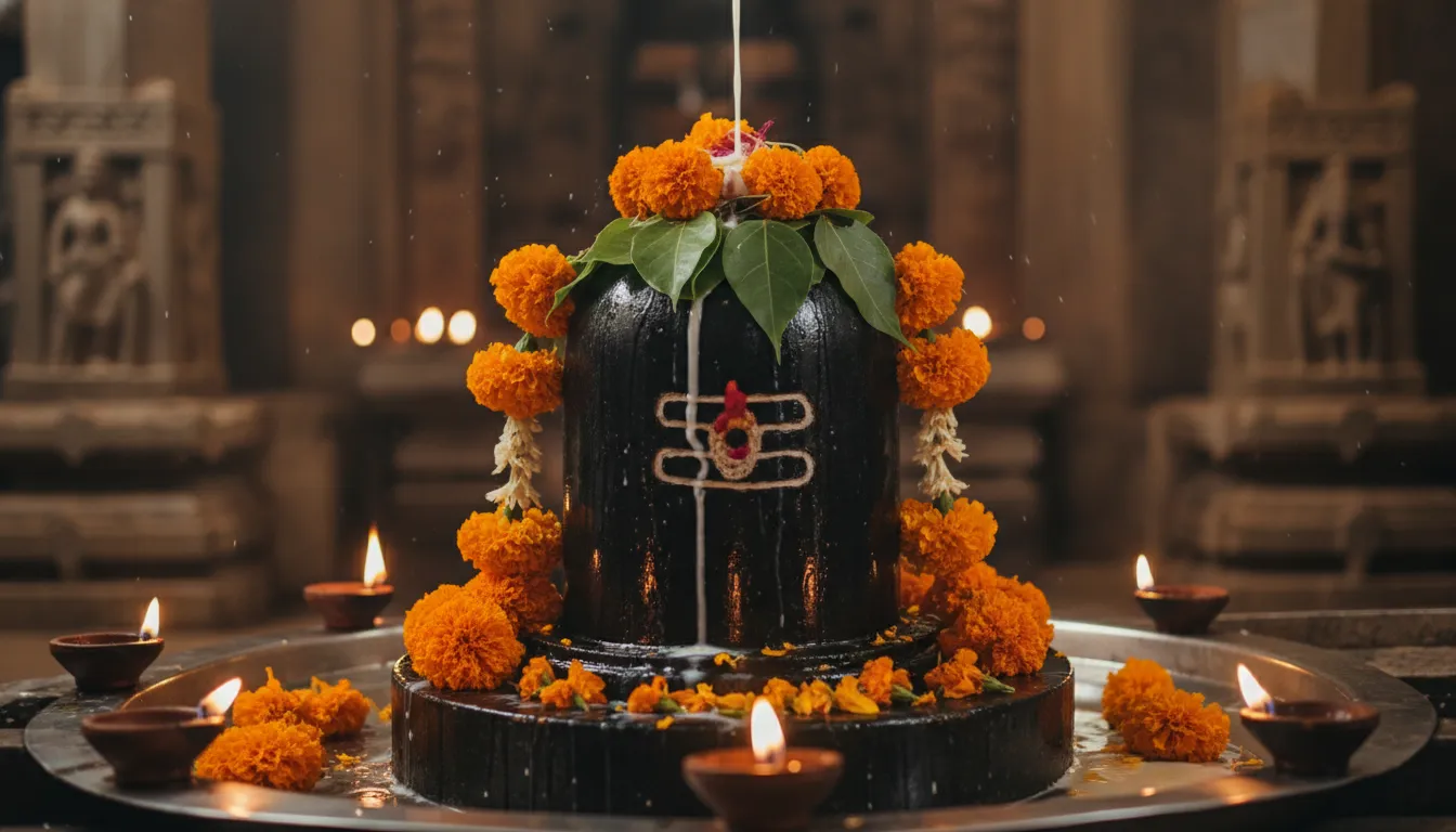 har har mahadev photo full hd download of a traditional Shiva Lingam with offerings.