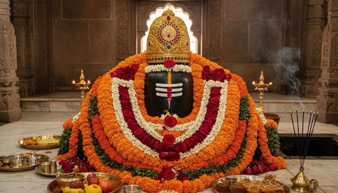 Shivling decorated with a detailed golden crown, chandan tilak, and colorful flower garlands.
