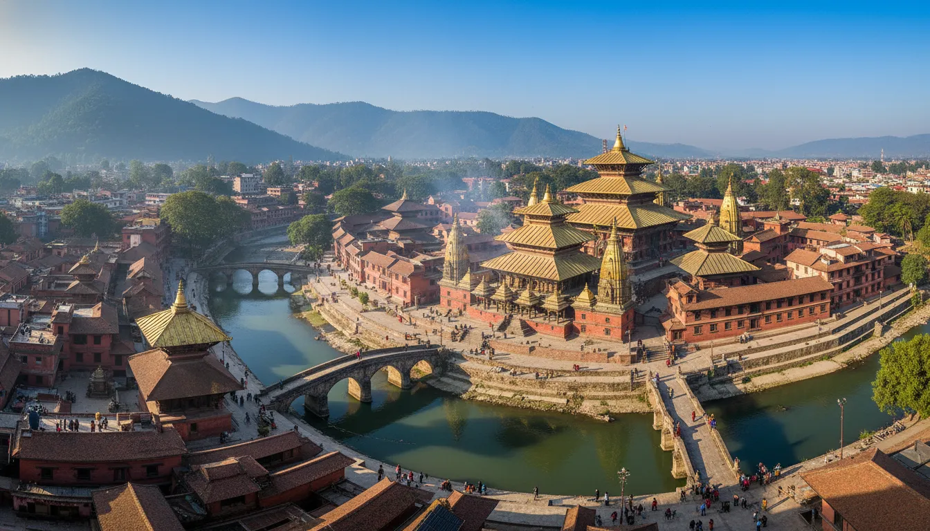 An aerial view of the extensive Pashupatinath temple complex, showing the golden roofs and the sacred Bagmati river flowing adjacent.
