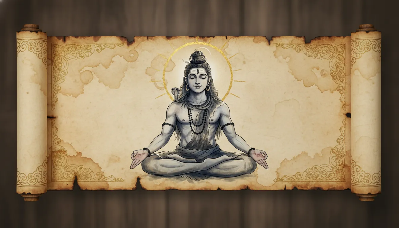 Lord Shiva meditating drawn on an aged parchment paper background with vintage textures.