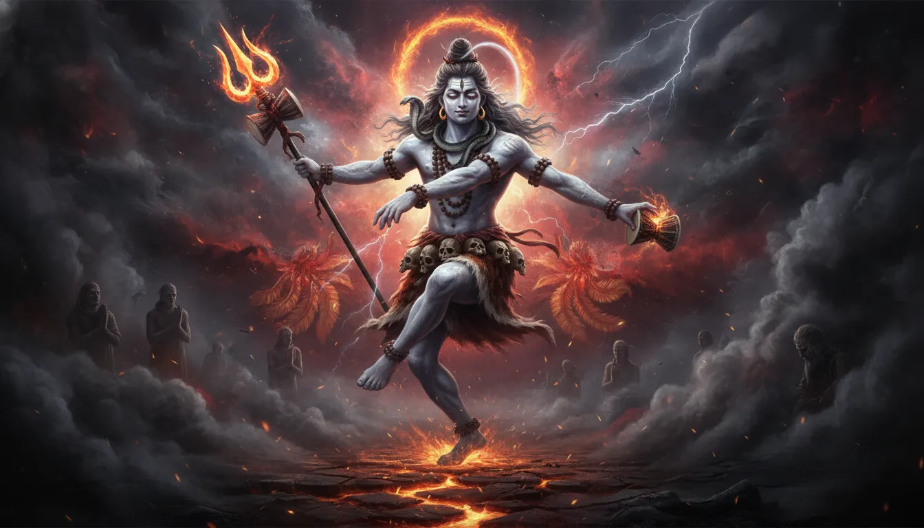Lord Shiva with sacred ash applied on body performing fierce dance.