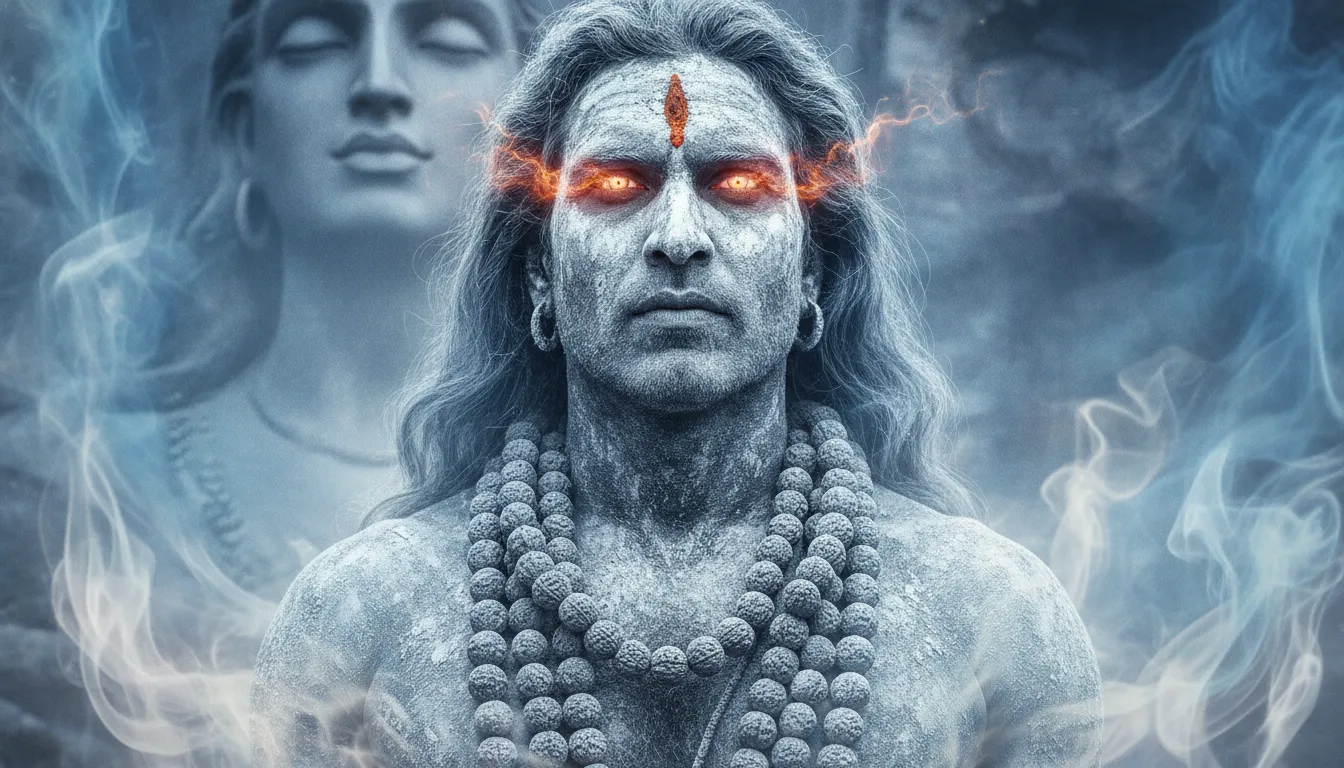 Spiritual portrait of an Aghori sadhu with holy ash and holy smoke background.