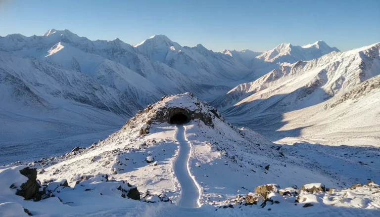 Famous white shivling of ice images illustrating the snow-covered Himalayan mountains leading to the cave.