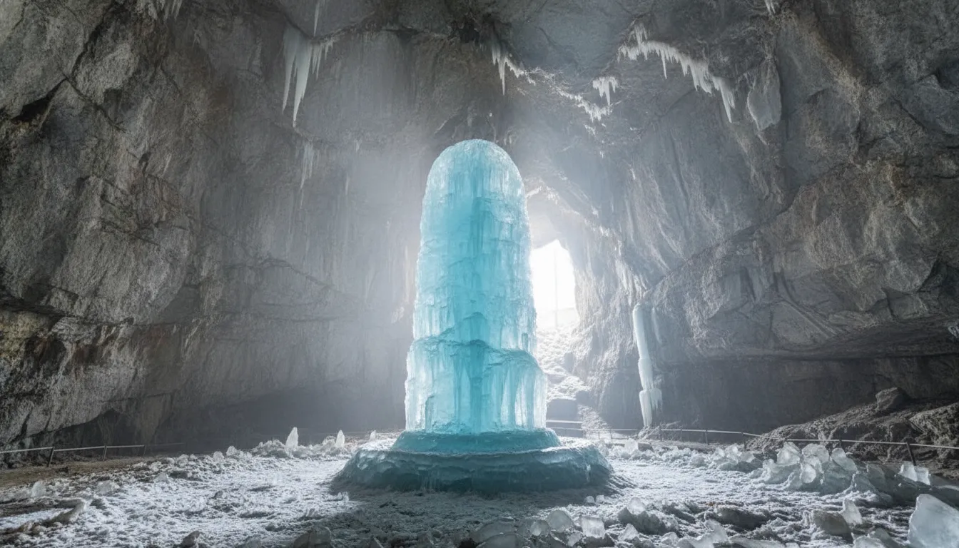 Stunning natural ice shivling image inside the sacred Amarnath Cave surrounded by massive Himalayan rock formations and snow.