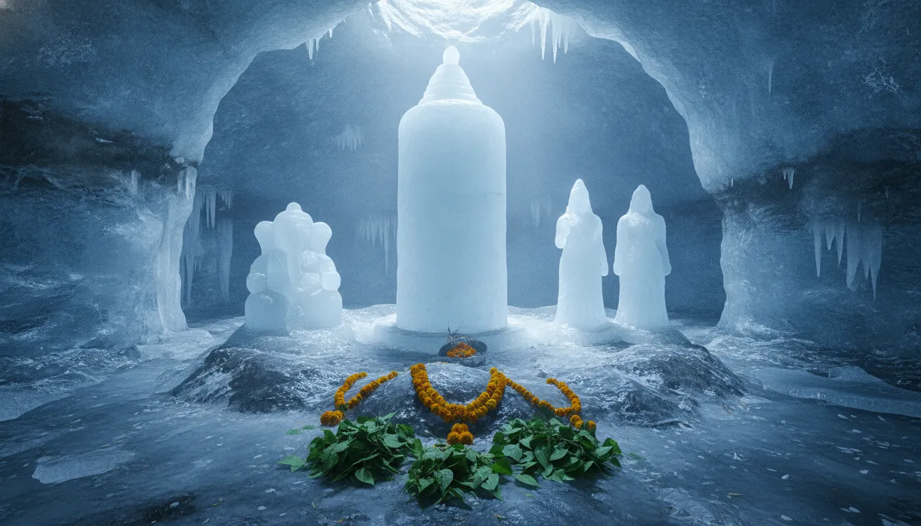 Three natural ice stalagmites representing Shiva, Ganesha, and Parvati inside the ice shivling cave.