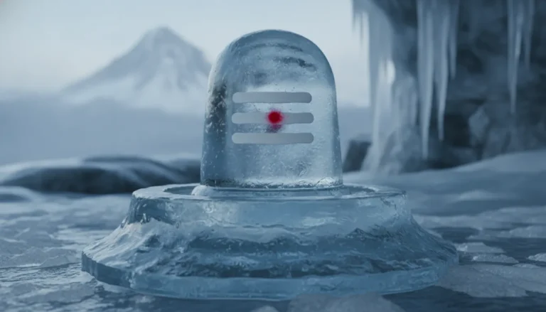 A beautiful ice shivling adorned with a traditional three-lined white sandalwood paste tilak on the front.